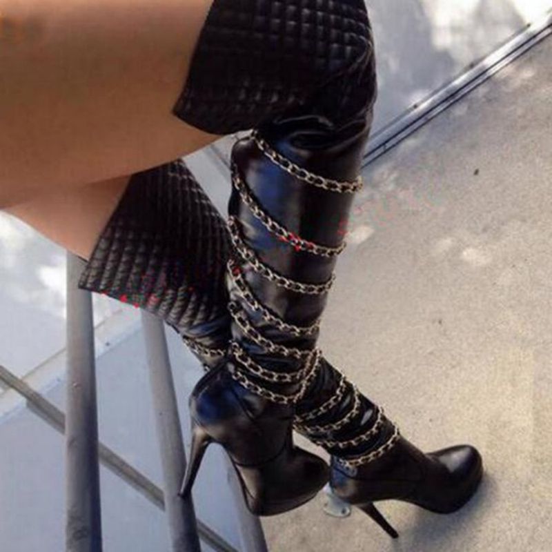 Chain Back Zip Stiletto Heel Over The Knee Boots