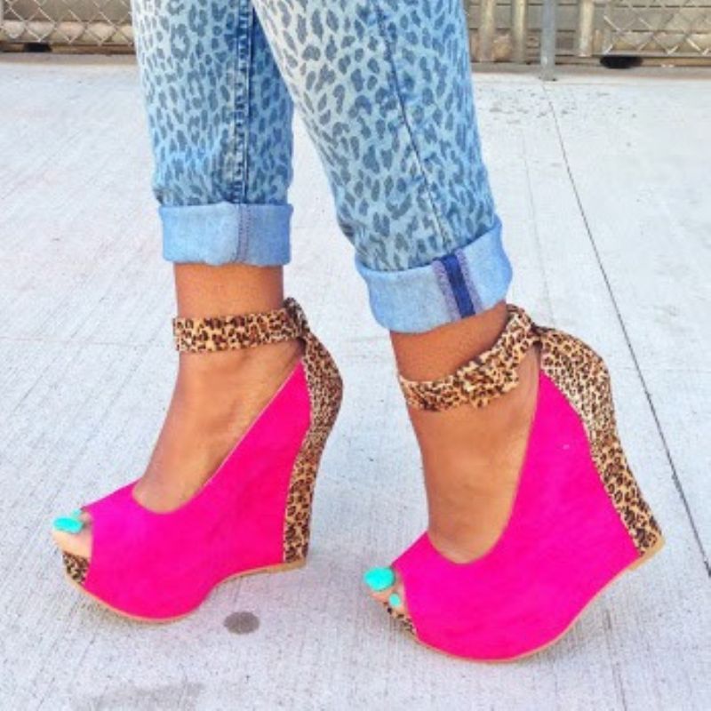 Glamorøse Leopard Peep-Toe Wedge Sandaler