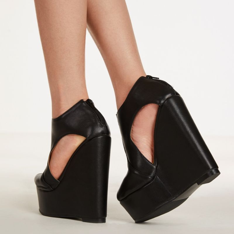 Pu Platform Peep Toe Wedge Sandaler