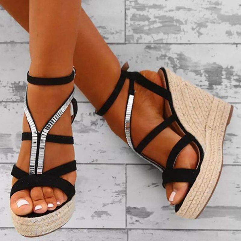 Rhinestone Woven Platform Strappy Kilehæl Espadrillesandaler