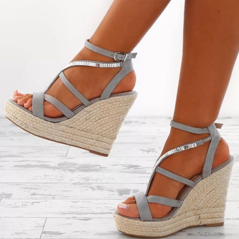 Rhinestone Woven Platform Strappy Kilehæl Espadrillesandaler