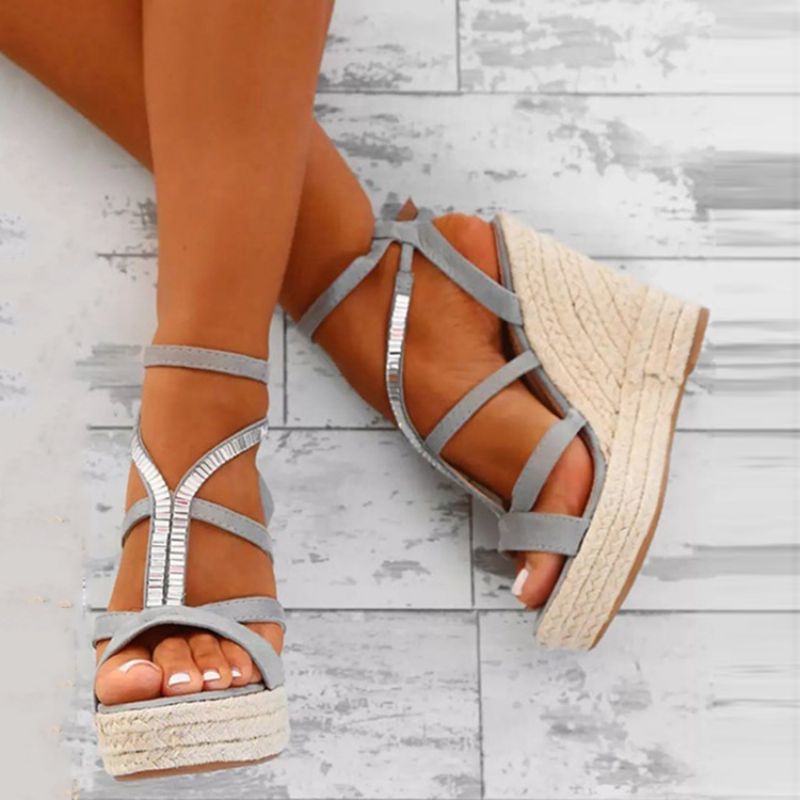 Rhinestone Woven Platform Strappy Kilehæl Espadrillesandaler