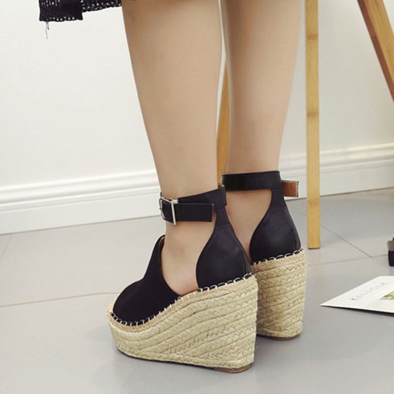 Spænde Peep Toe Platform Espadrille Wedge Sandaler