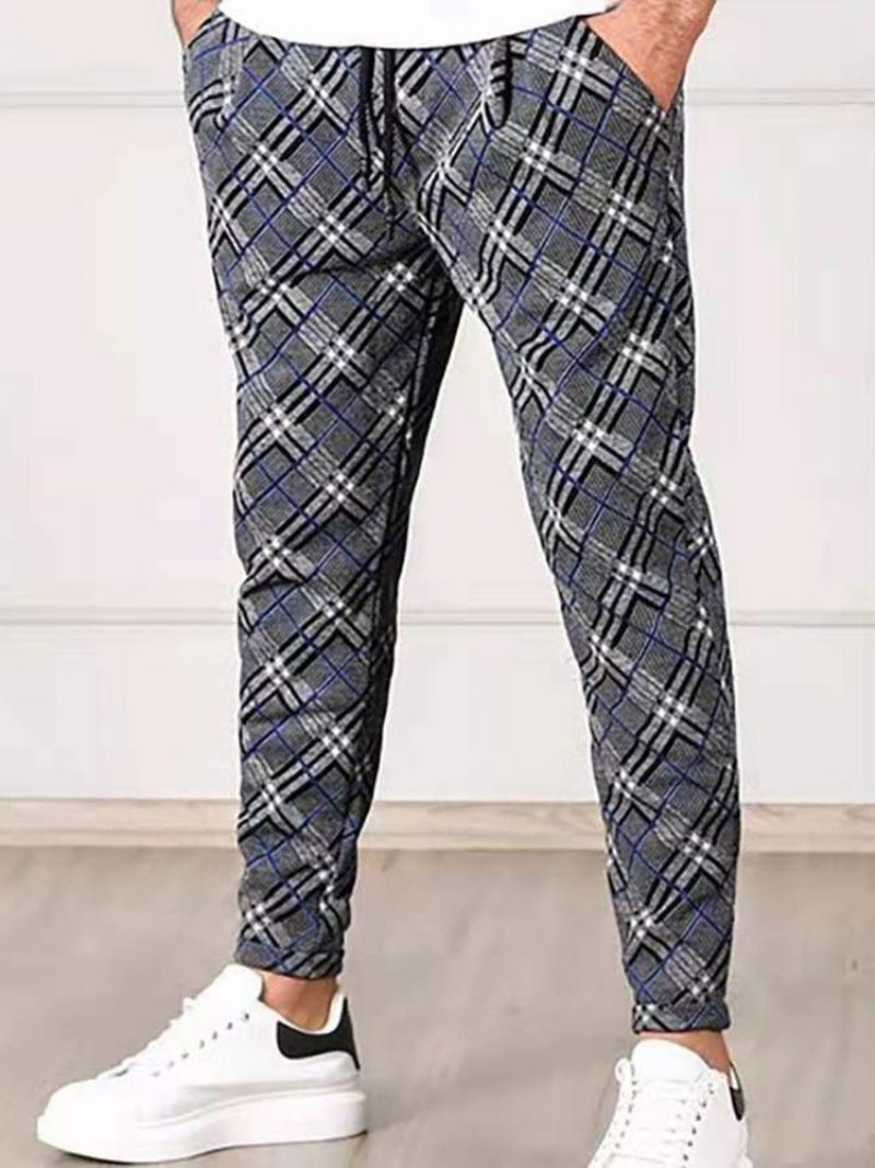 Blyant Bukser Plaid Print Mid Waist Lace-Up Casual Bukser