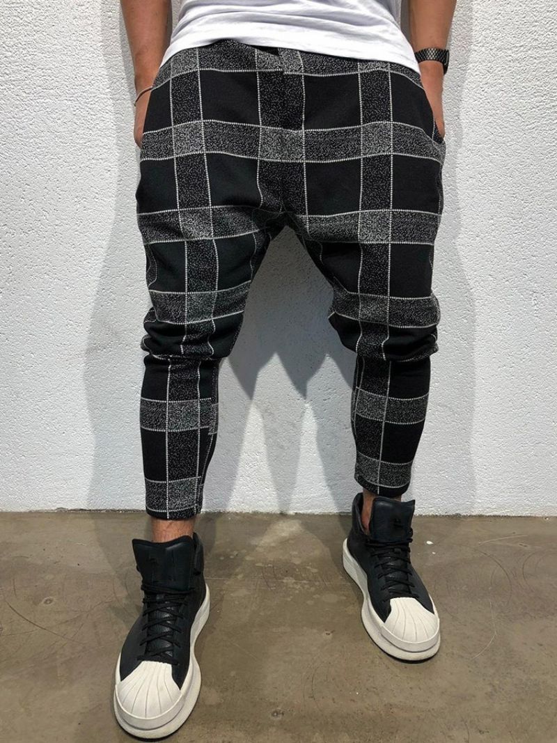 Blyant Plaid Print Mid Waist Style Mænds Afslappede Bukser