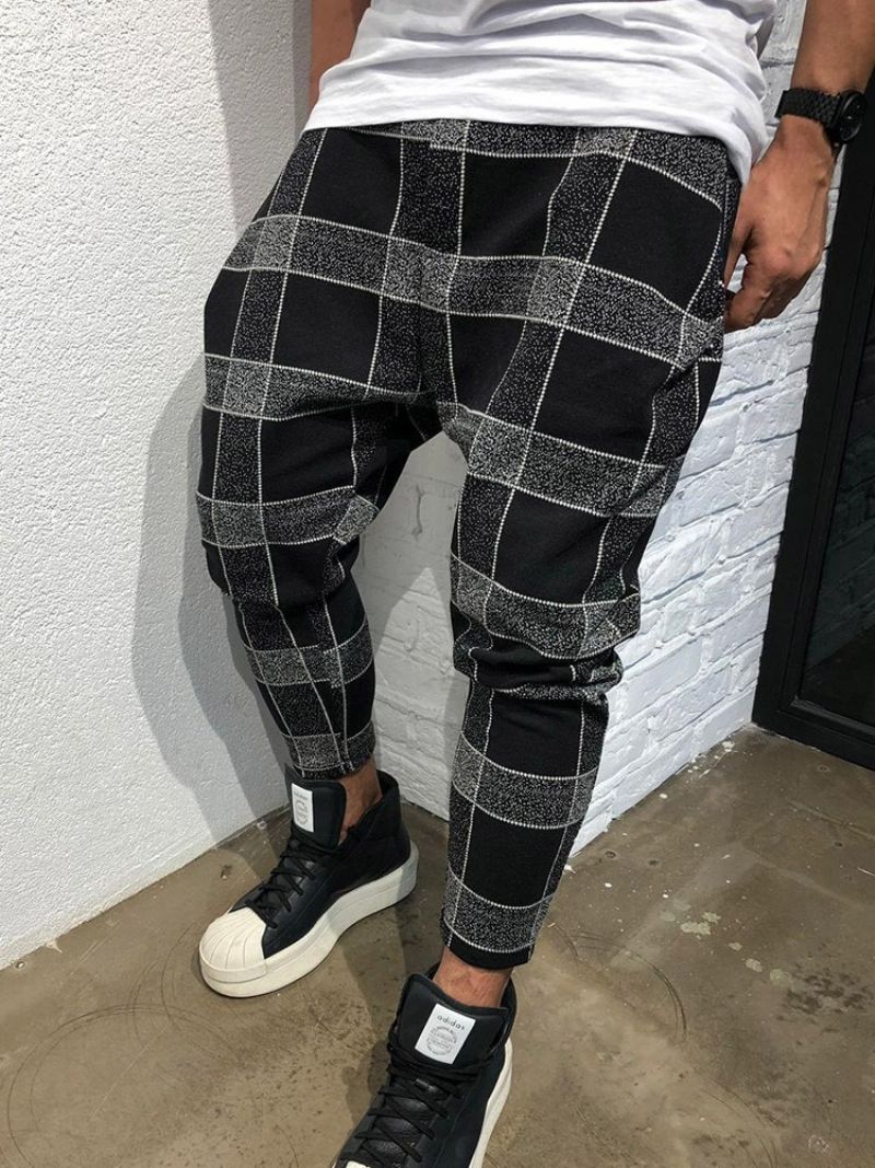 Blyant Plaid Print Mid Waist Style Mænds Afslappede Bukser