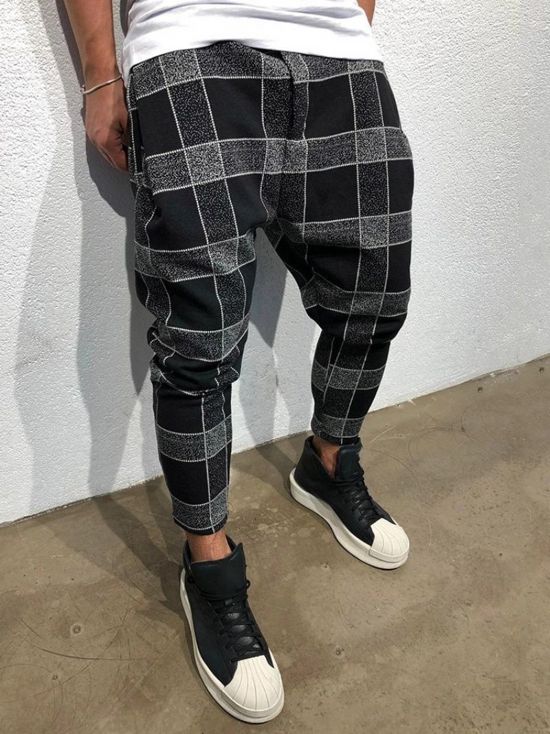 Blyant Plaid Print Mid Waist Style Mænds Afslappede Bukser