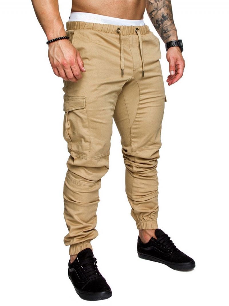 Cargo Bukser Plain Khaki Lace Up Pocket Mænds Afslappede Bukser