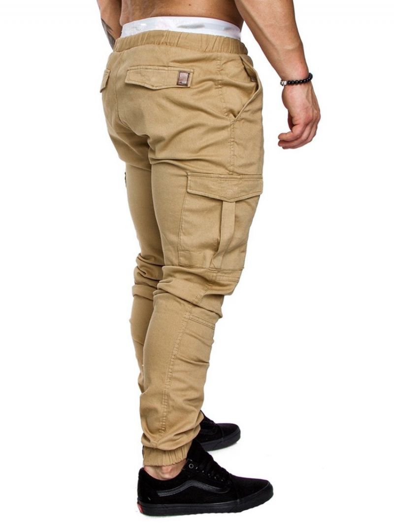 Cargo Bukser Plain Khaki Lace Up Pocket Mænds Afslappede Bukser