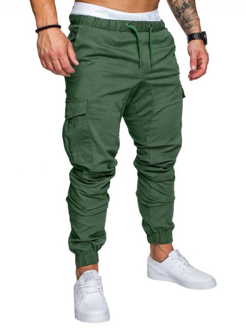 Cargo Bukser Plain Khaki Lace Up Pocket Mænds Afslappede Bukser