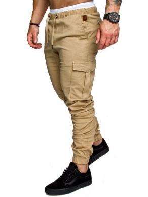 Cargo Bukser Plain Khaki Lace Up Pocket Mænds Afslappede Bukser