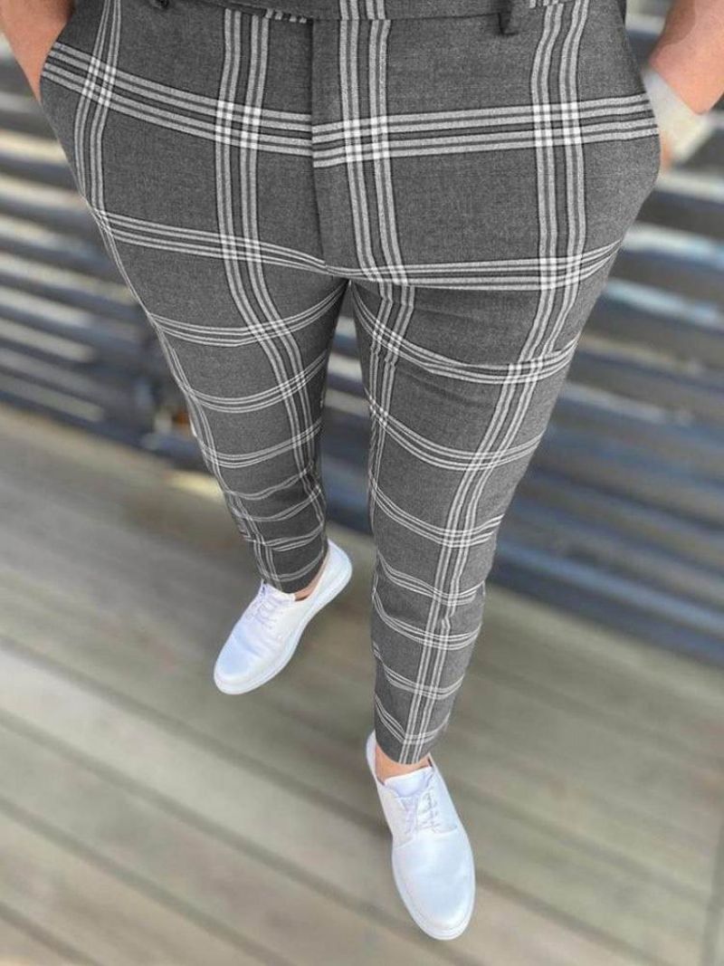 Pencil Pants Plaid Lynlås Europæiske Mænds Afslappede Bukser