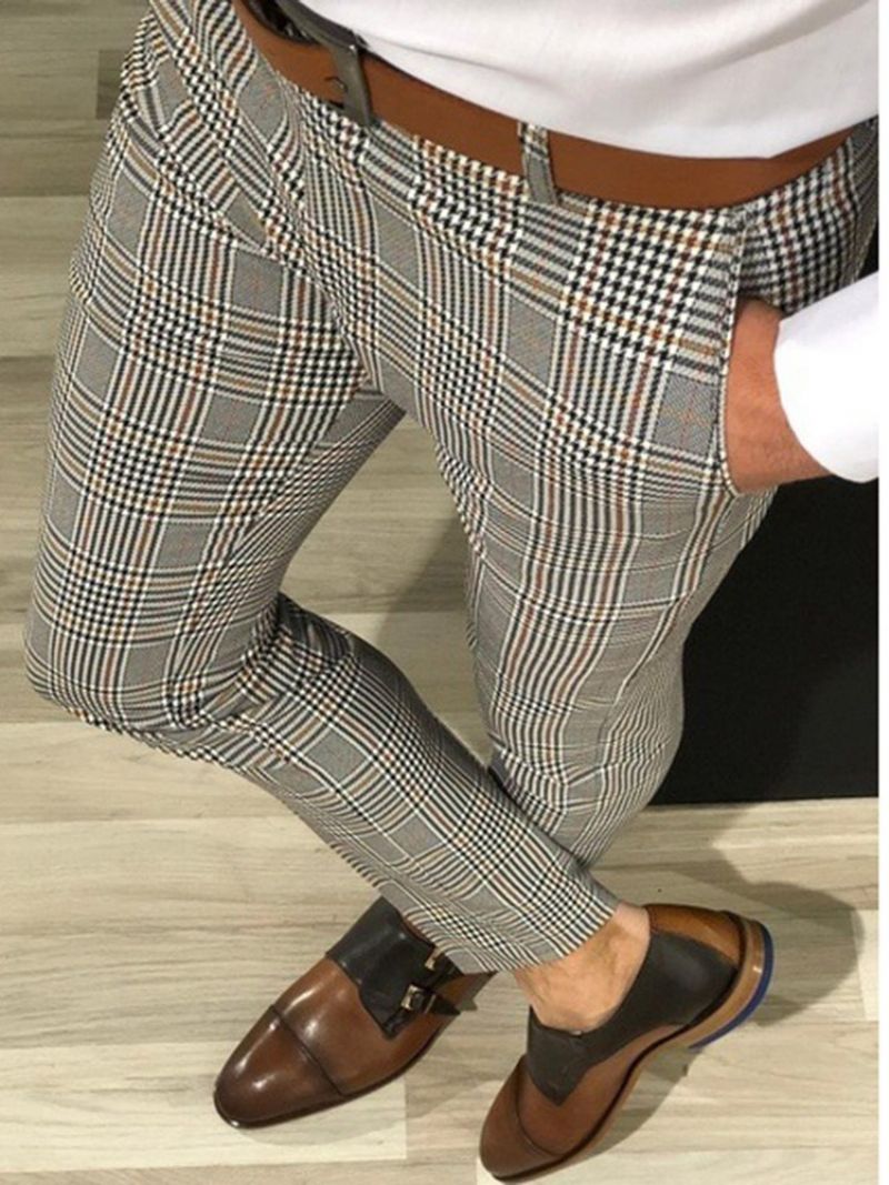 Pencil Pants Plaid Pocket Mid Waist Mænds Afslappede Bukser