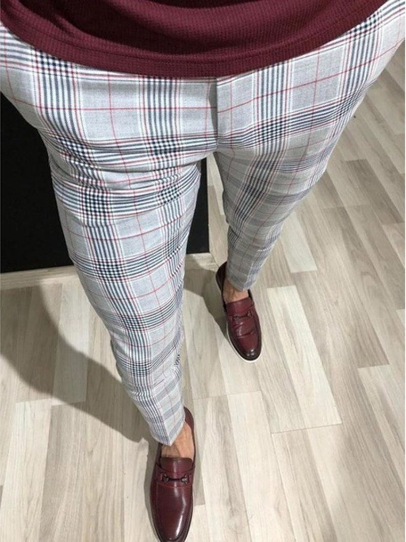 Pencil Pants Plaid Pocket Mid Waist Mænds Afslappede Bukser