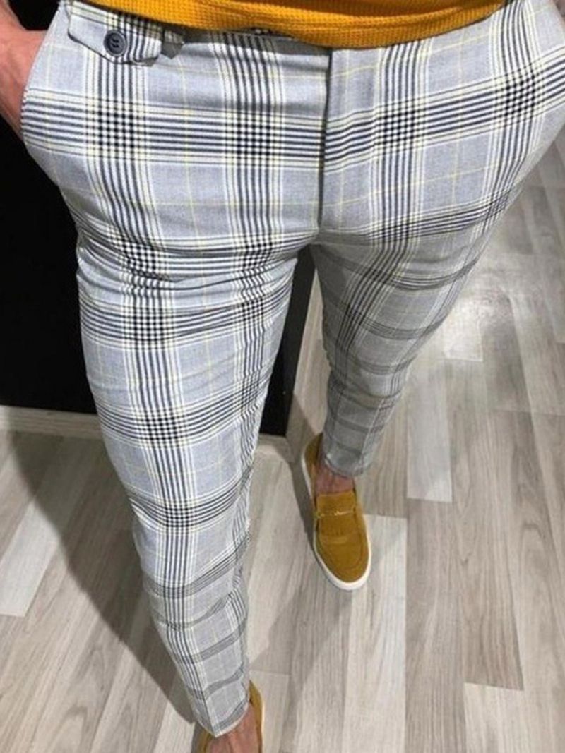 Pencil Pants Plaid Pocket Mid Waist Mænds Afslappede Bukser