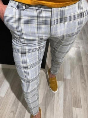 Pencil Pants Plaid Pocket Mid Waist Mænds Afslappede Bukser