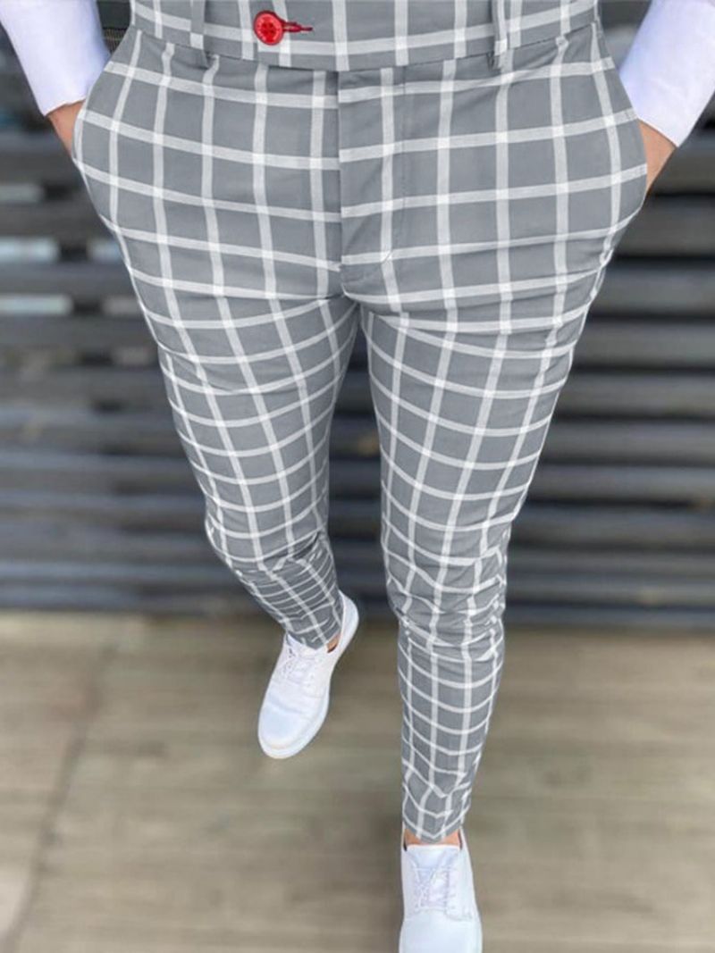 Pocket Pencil Pants Plaid Mænds Afslappede Bukser