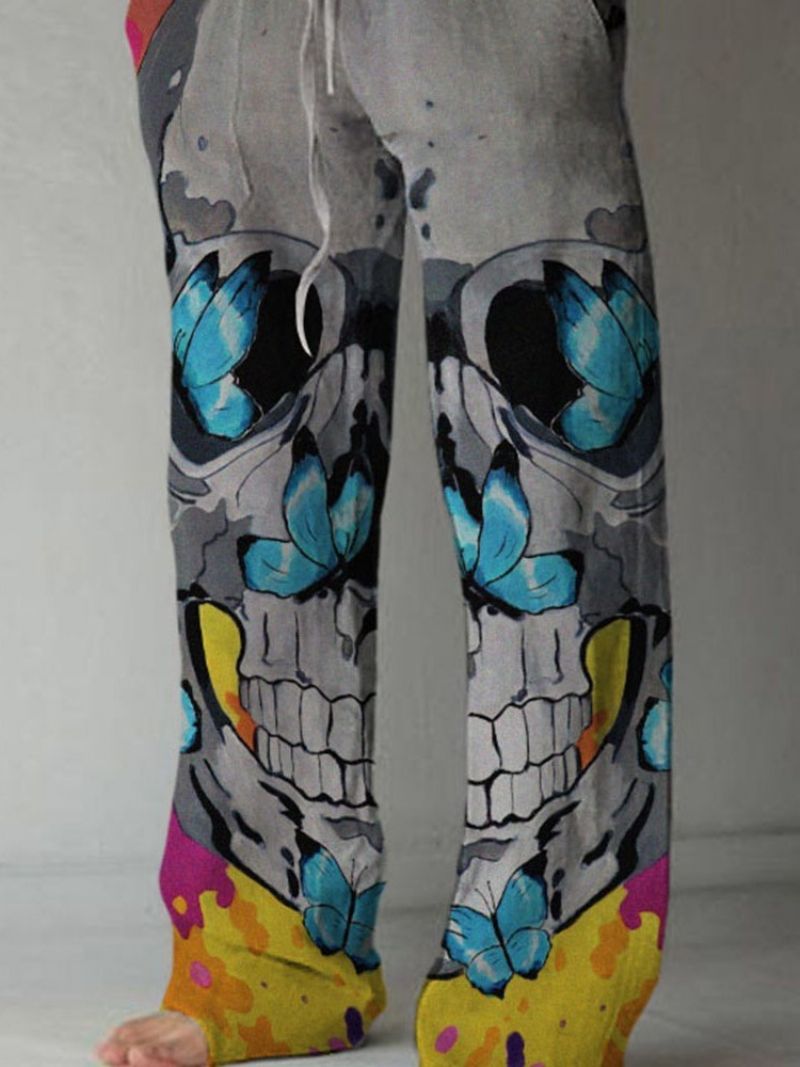 Print Skull Straight Lace-Up Mænds Afslappede Bukser I Fuld Længde