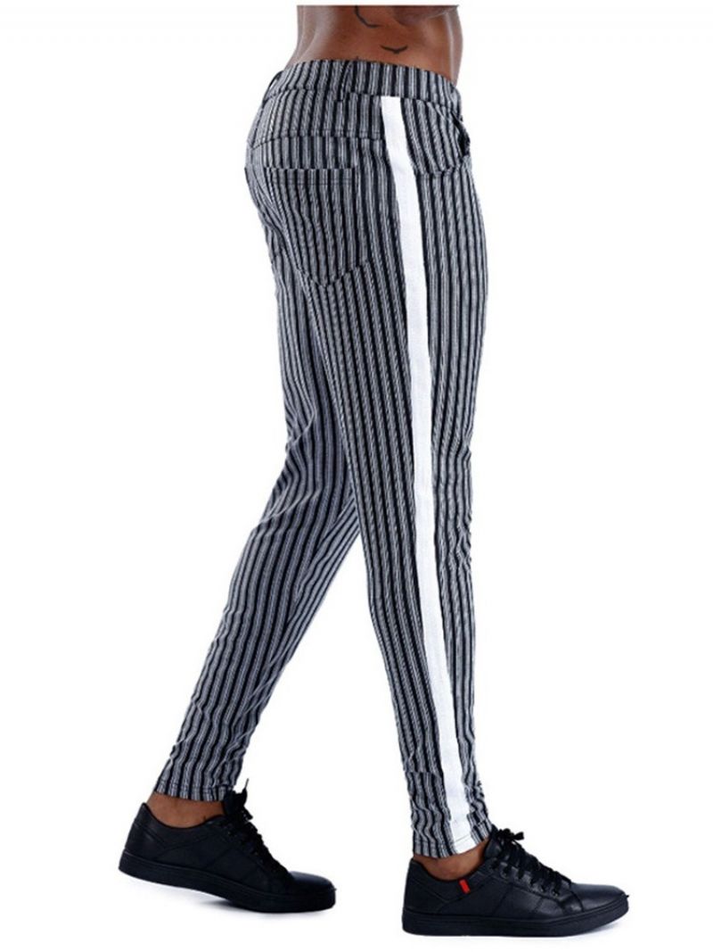 Stripe Pocket Pencil Bukser Lynlås Mid Waist Mænds Casual Bukser