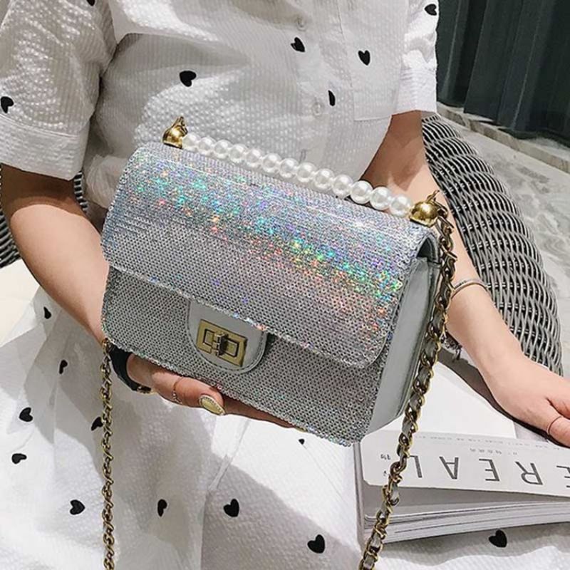 Beads Pu Plain Glisten Crossbody Bag