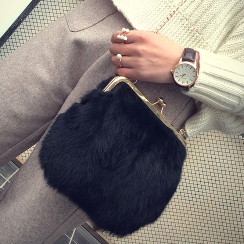 Fux Fur Plain Chain Rektangle Crossbody Tasker