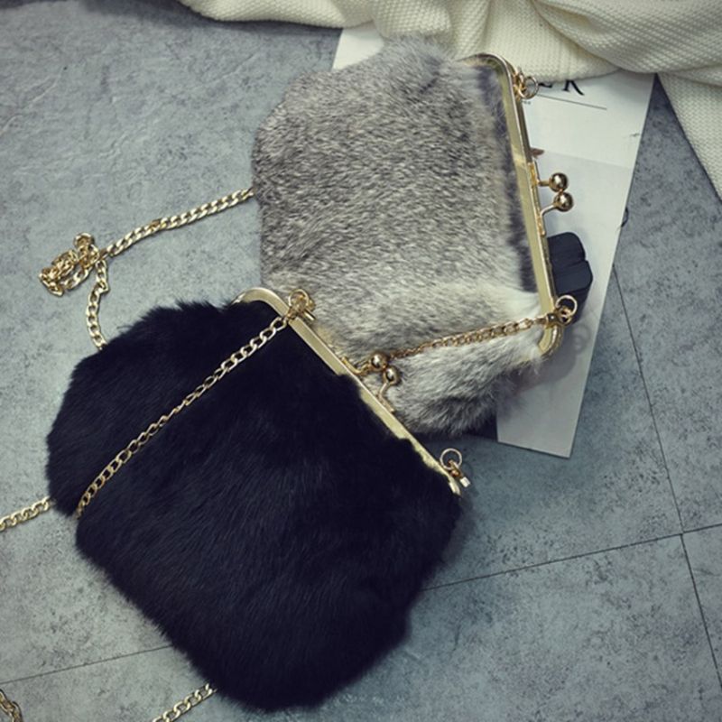 Fux Fur Plain Chain Rektangle Crossbody Tasker