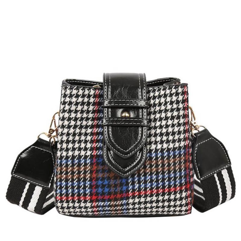 Houndstooth Wool Blends Tøndeformet Gitter Crossbody-Taske