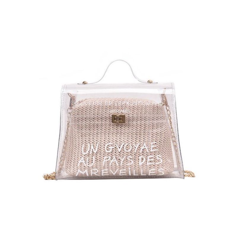 Letter Print Pvc Firkantet Strå Skulder Crossbody Taske