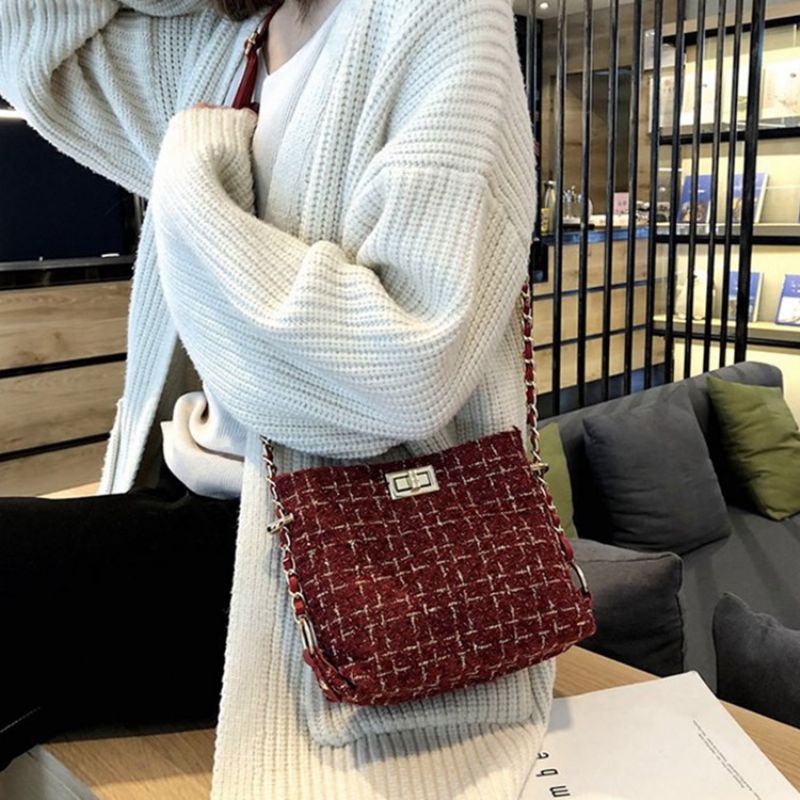 Plaid Strikket Uldblandinger Rektangulære Crossbody Tasker