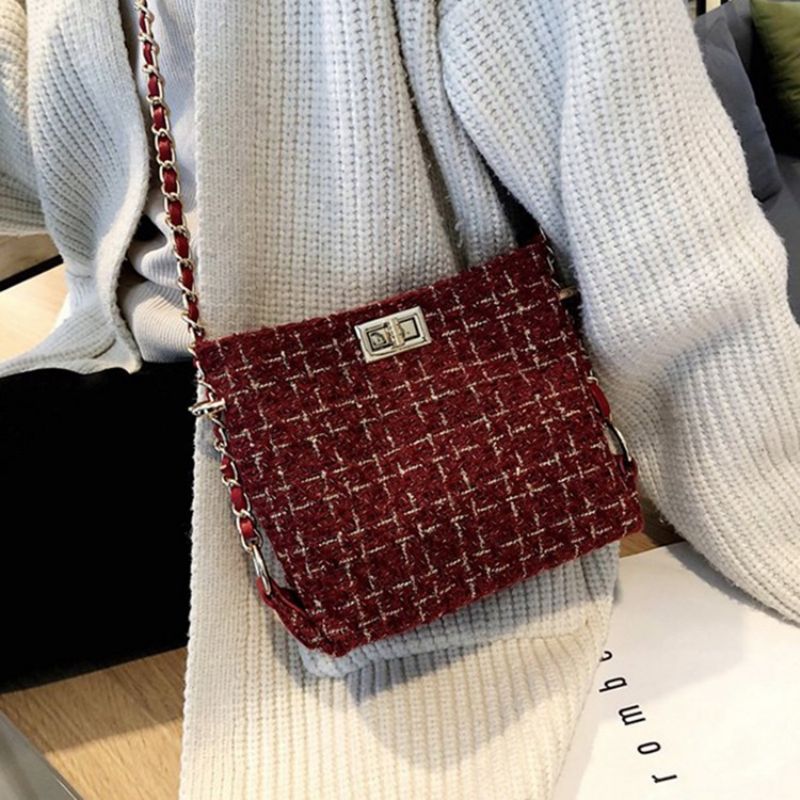 Plaid Strikket Uldblandinger Rektangulære Crossbody Tasker