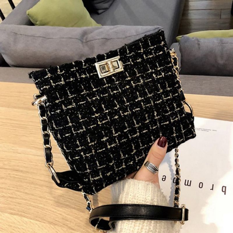 Plaid Strikket Uldblandinger Rektangulære Crossbody Tasker