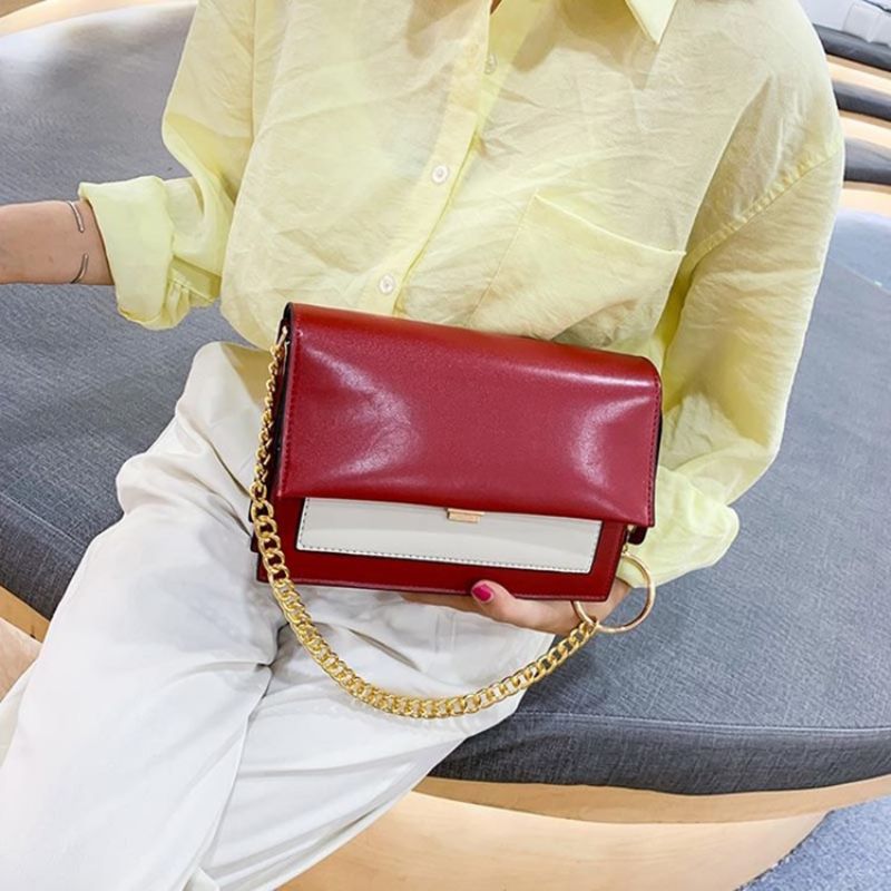 Pu Color Block Chain Rektangle Crossbody Tasker