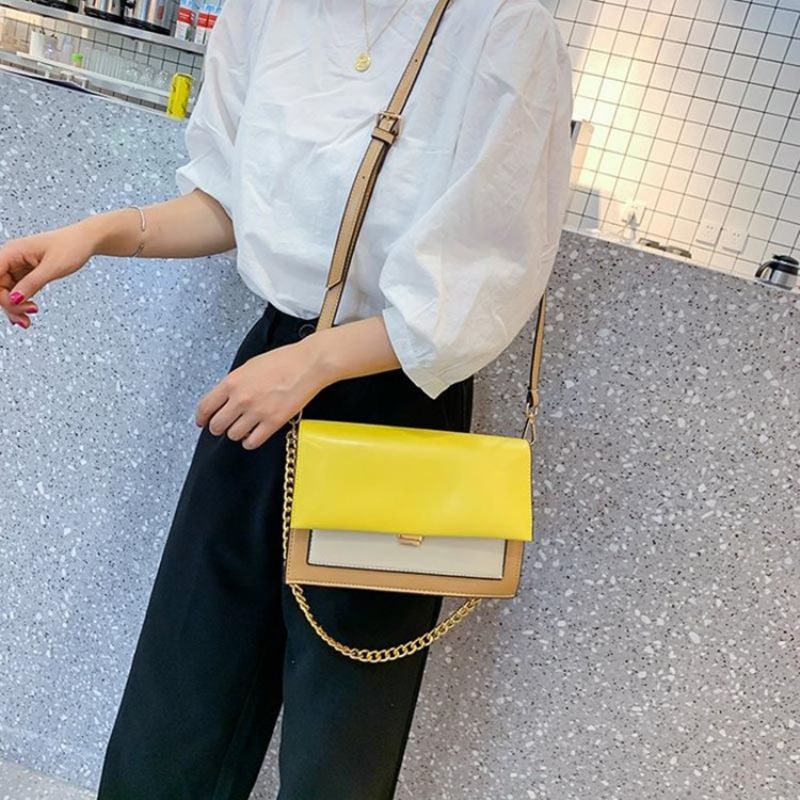 Pu Color Block Chain Rektangle Crossbody Tasker