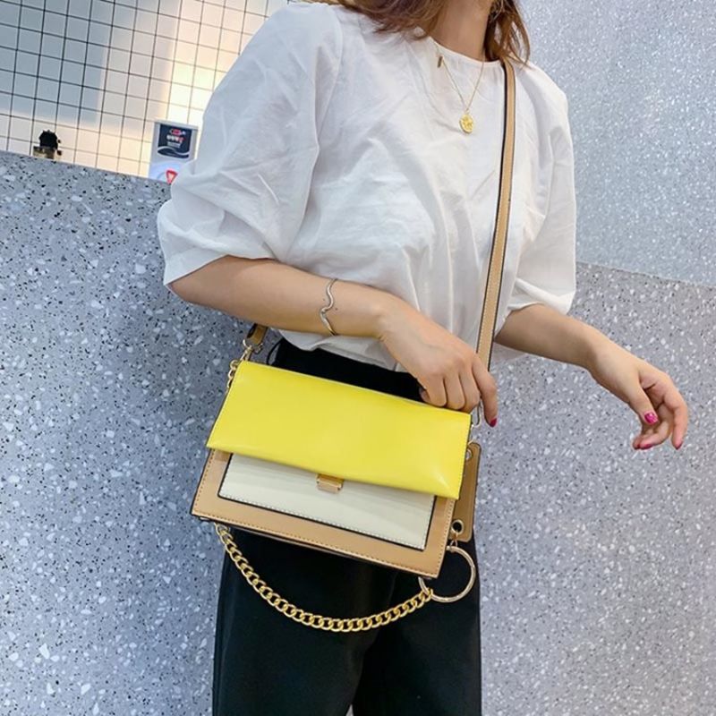 Pu Color Block Chain Rektangle Crossbody Tasker