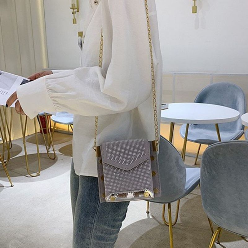 Pu Rhinestone Chain Rektangle Crossbody Tasker