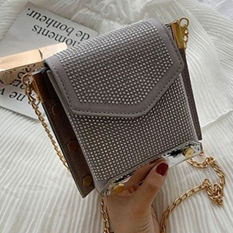 Pu Rhinestone Chain Rektangle Crossbody Tasker