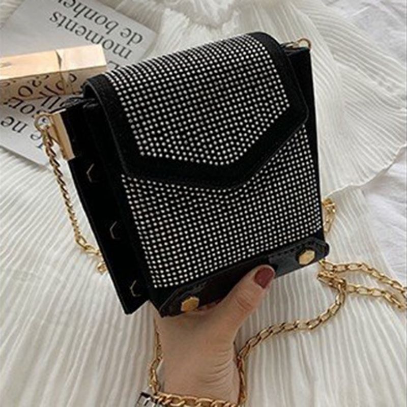 Pu Rhinestone Chain Rektangle Crossbody Tasker