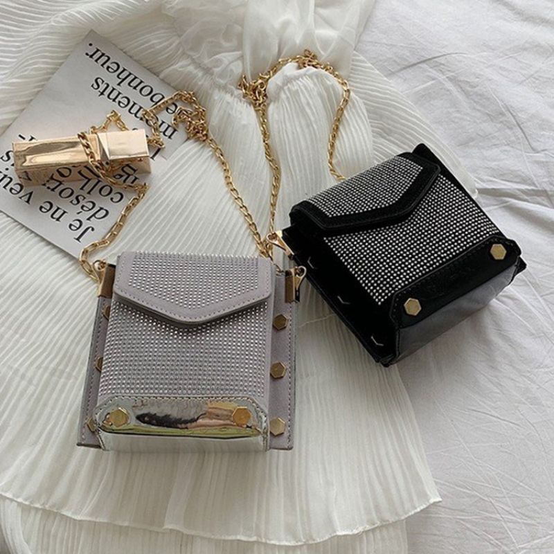 Pu Rhinestone Chain Rektangle Crossbody Tasker