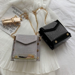 Pu Rhinestone Chain Rektangle Crossbody Tasker