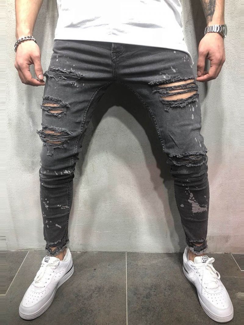 Almindeligt Trykte Mid-Talje Mænds Rippede Jeans