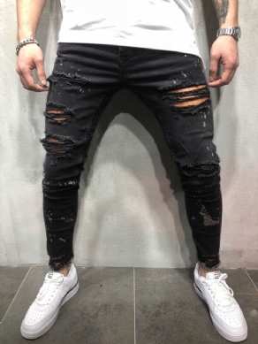 Almindeligt Trykte Mid-Talje Mænds Rippede Jeans