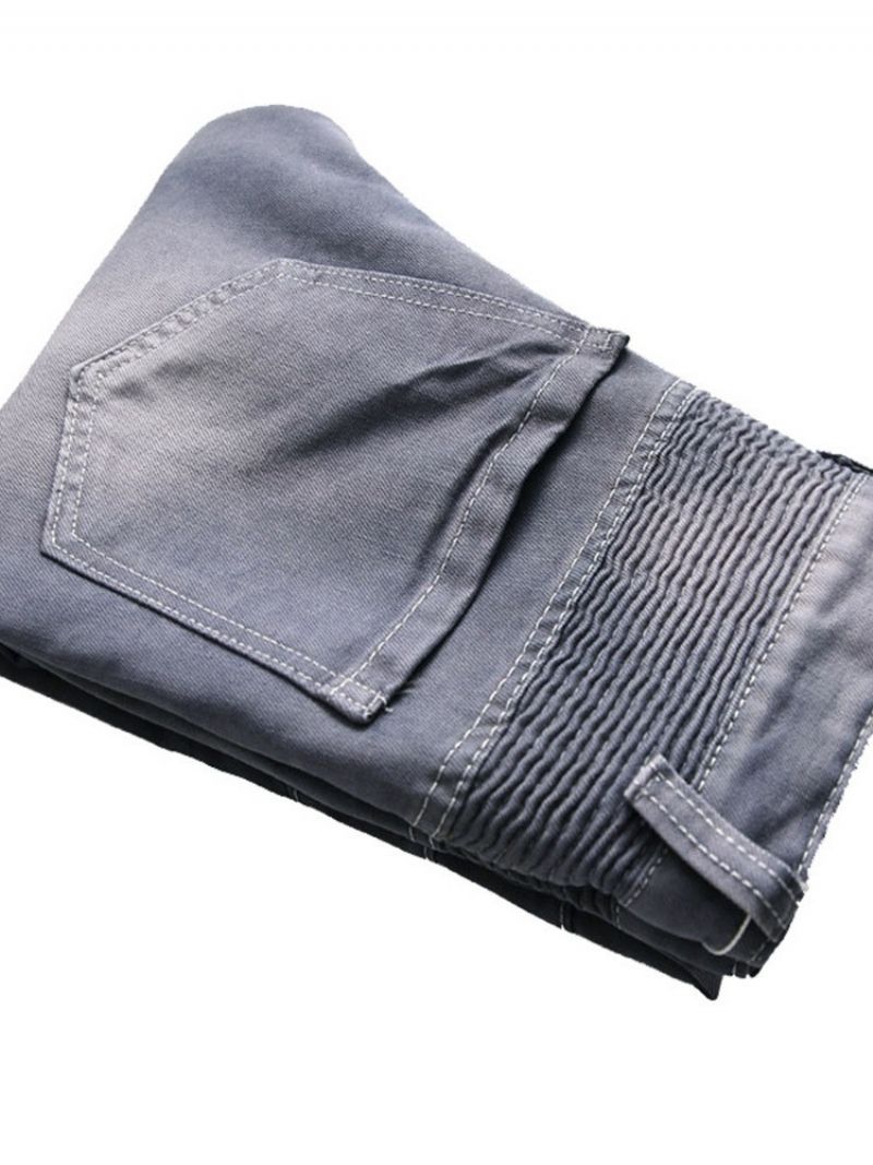 Ensfarvet Plisseret Slanke Mænds Afslappede Rippede Jeans