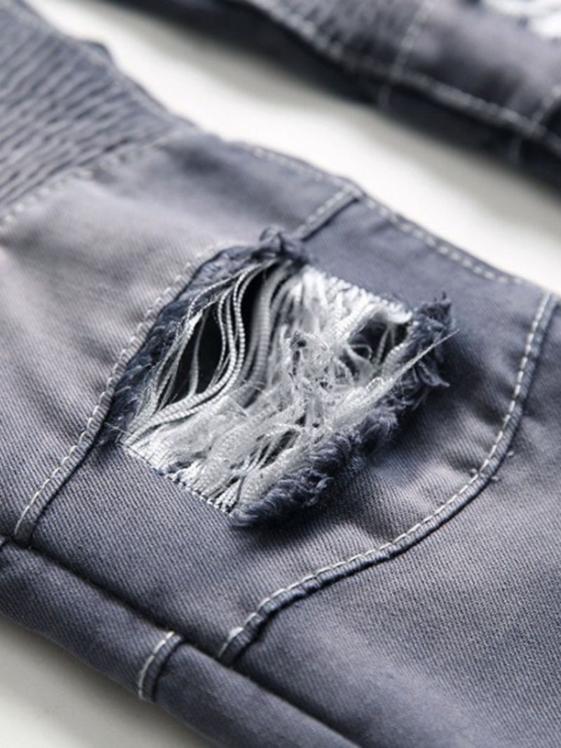 Ensfarvet Plisseret Slanke Mænds Afslappede Rippede Jeans