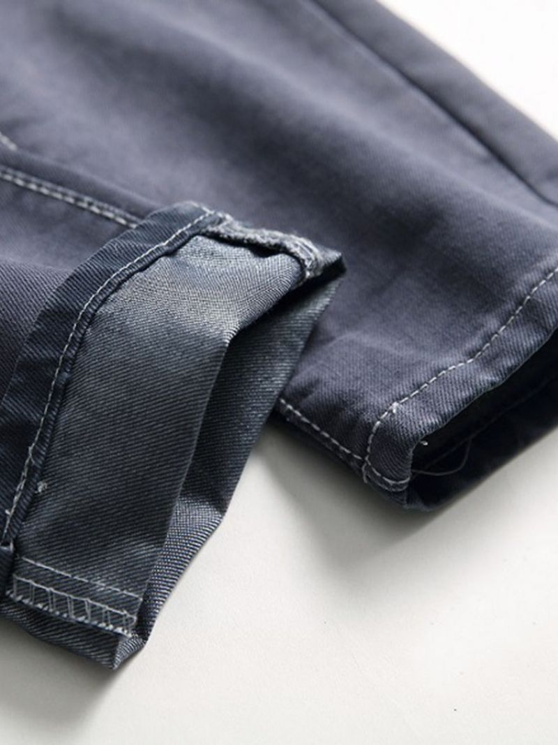 Ensfarvet Plisseret Slanke Mænds Afslappede Rippede Jeans