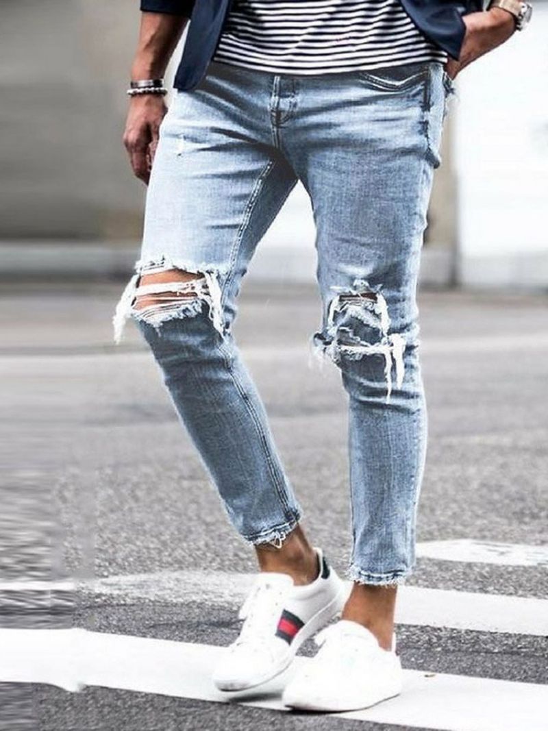 Hole Plain Pencil Pants Mid Waist Mænds Casual Jeans