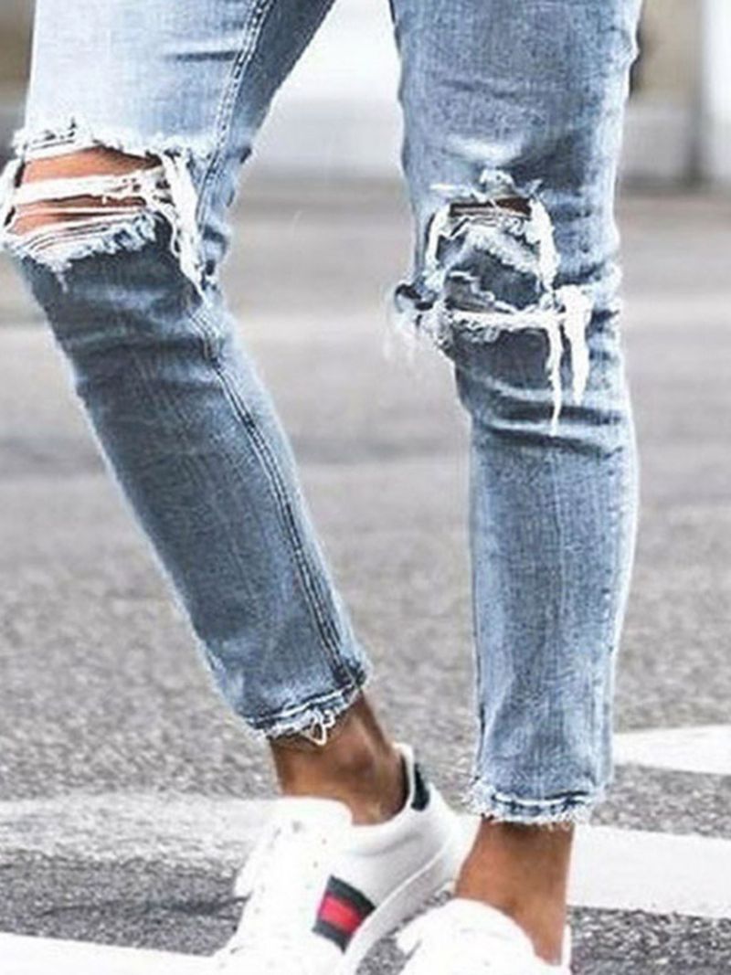 Hole Plain Pencil Pants Mid Waist Mænds Casual Jeans