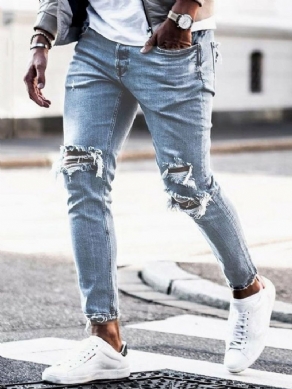 Hole Plain Pencil Pants Mid Waist Mænds Casual Jeans