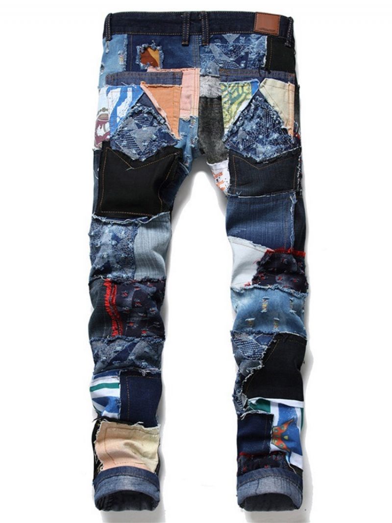 Lige Patchwork Farveblok Jeans Med Midttaljeknap