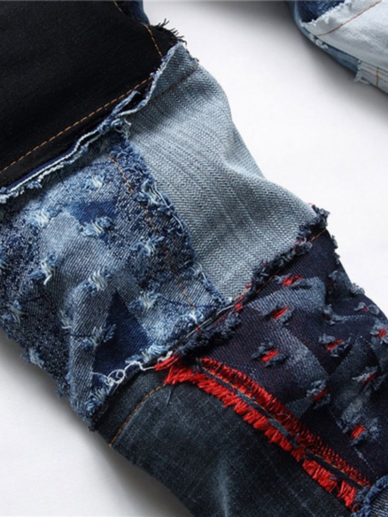 Lige Patchwork Farveblok Jeans Med Midttaljeknap