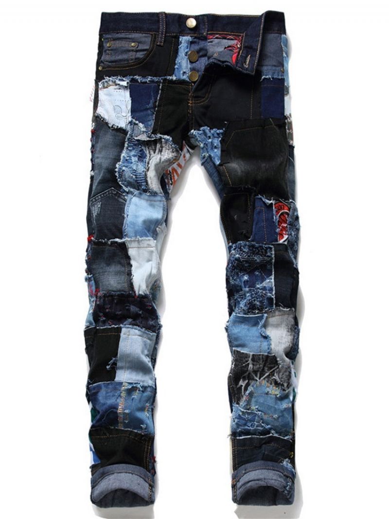 Lige Patchwork Farveblok Jeans Med Midttaljeknap